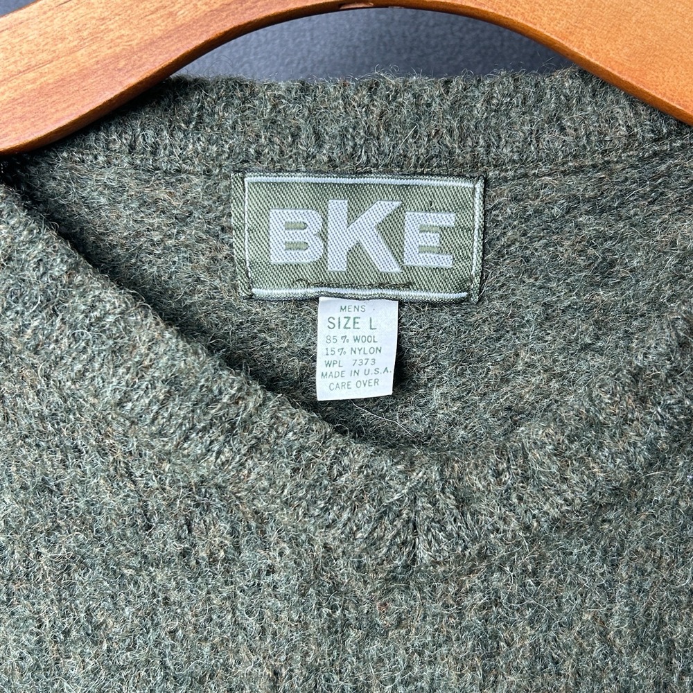 Vtg 90s BKE Wool Blend Striped Sweater Mens L Green Gray Crewneck Knit USA Made - Picture 3 of 6